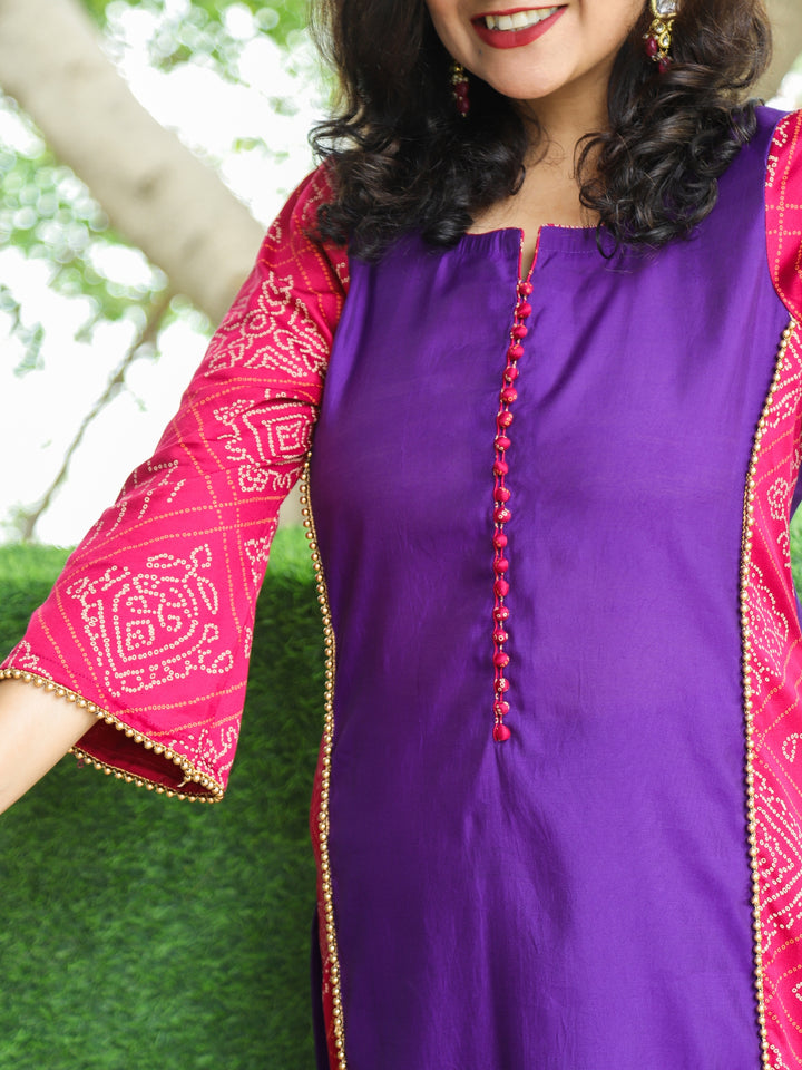 Hilori Vibrant Purple Potli Button with Bandhani Print Panel Work Roman SIlk Kurti