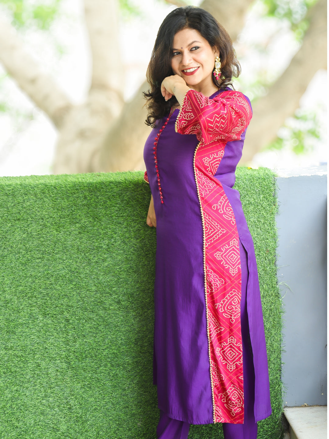 Hilori Vibrant Purple Potli Button with Bandhani Print Panel Work Roman SIlk Kurti