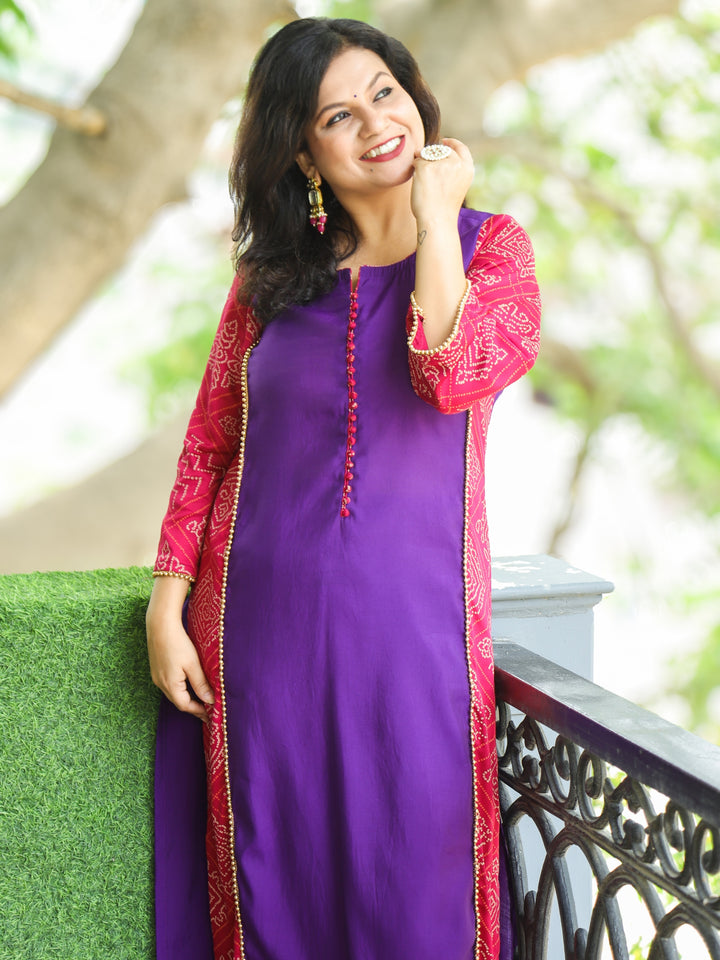 Hilori Vibrant Purple Potli Button with Bandhani Print Panel Work Roman SIlk Kurti