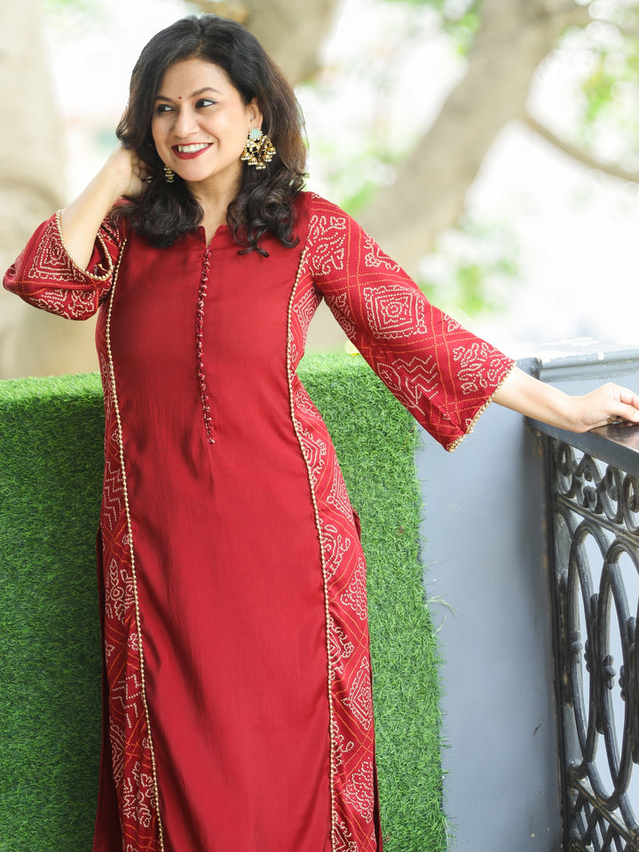 Hilori Dark Maroon Potli Button with Bandhani Print Panel Work Roman SIlk Kurti