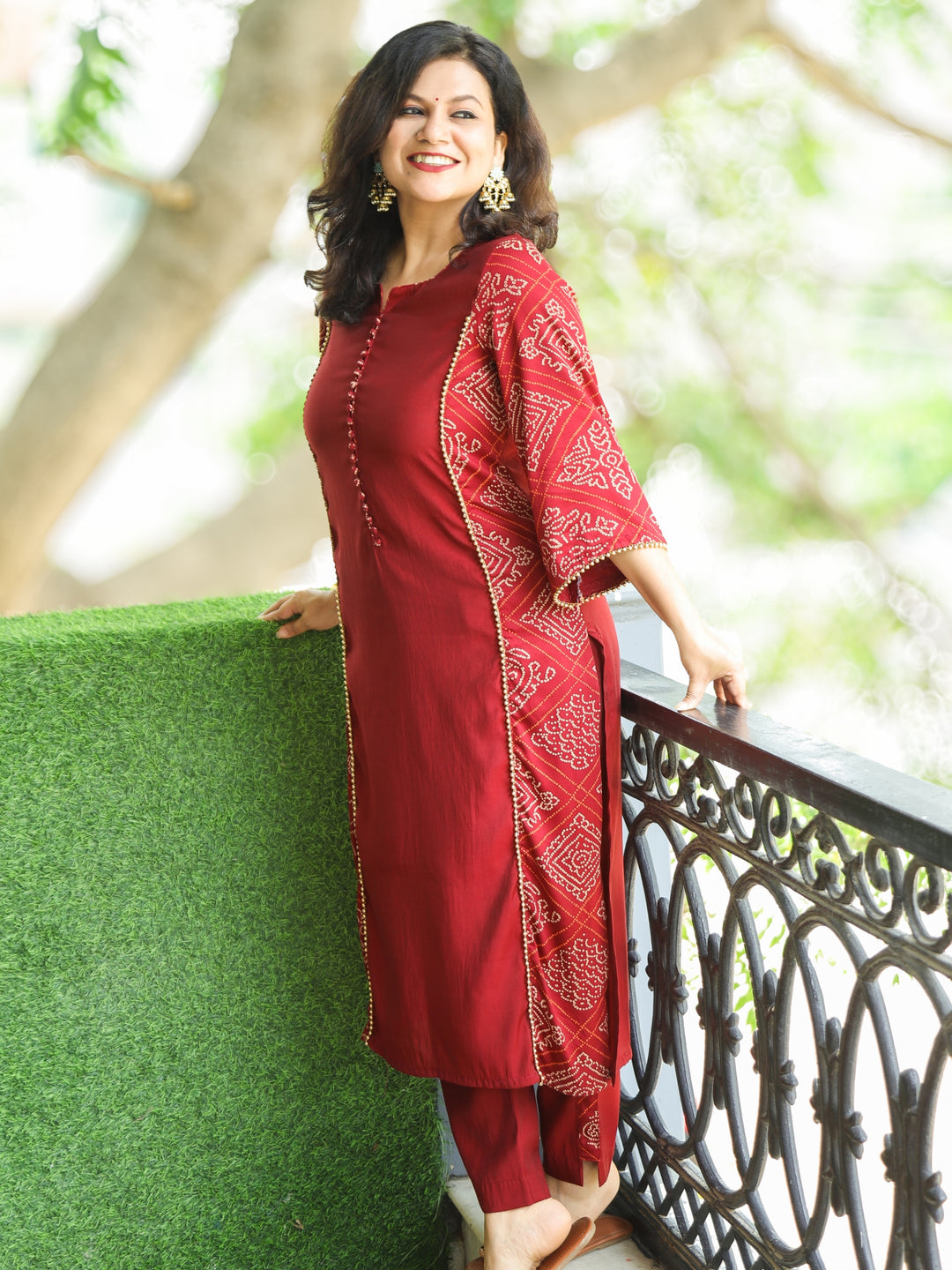 Hilori Dark Maroon Potli Button with Bandhani Print Panel Work Roman SIlk Kurti