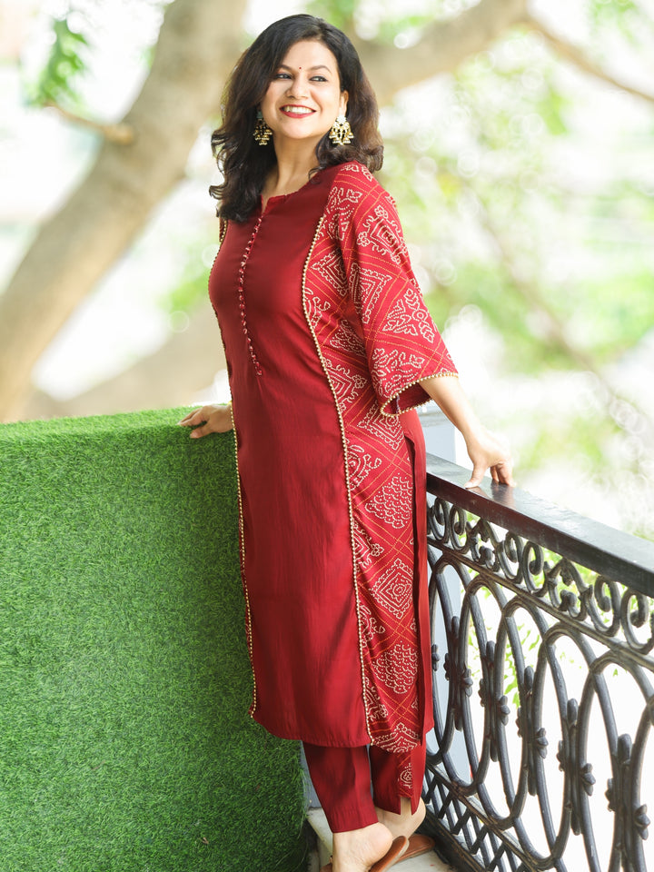 Hilori Dark Maroon Potli Button with Bandhani Print Panel Work Roman SIlk Kurti