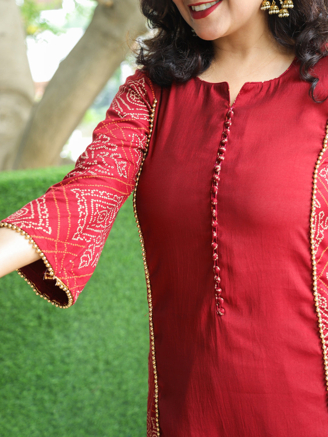 Hilori Dark Maroon Potli Button with Bandhani Print Panel Work Roman SIlk Kurti