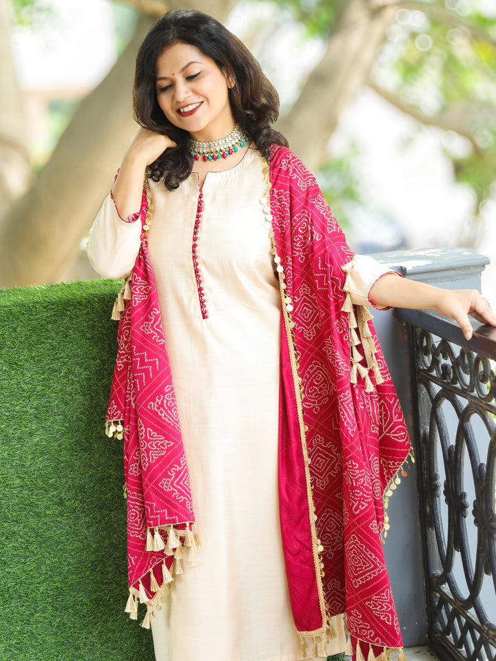 Gharana Cream Roman Silk Suit Set with Bandhani Print Pink Cape
