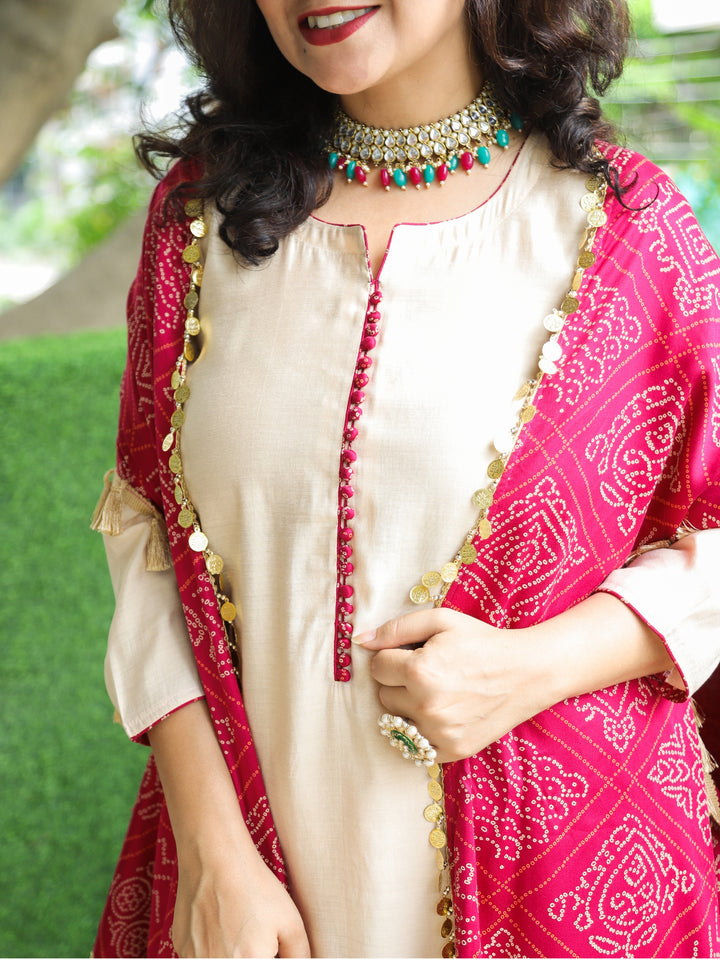 Gharana Cream Roman Silk Suit Set with Bandhani Print Pink Cape