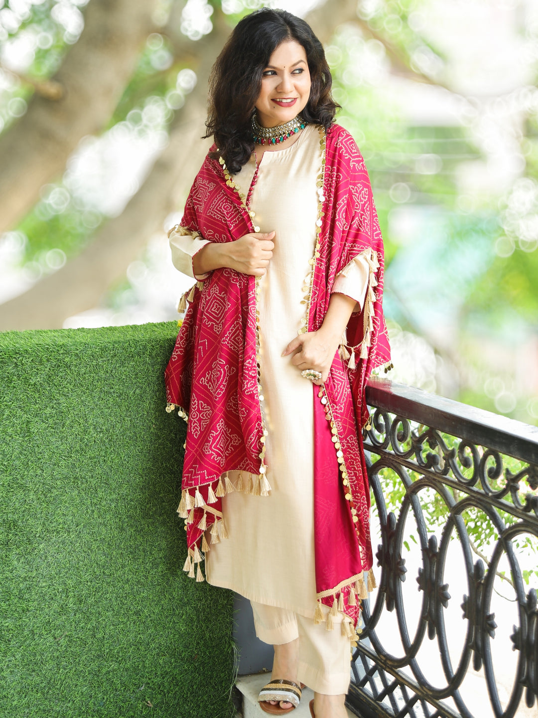 Gharana Cream Roman Silk Suit Set with Bandhani Print Pink Cape