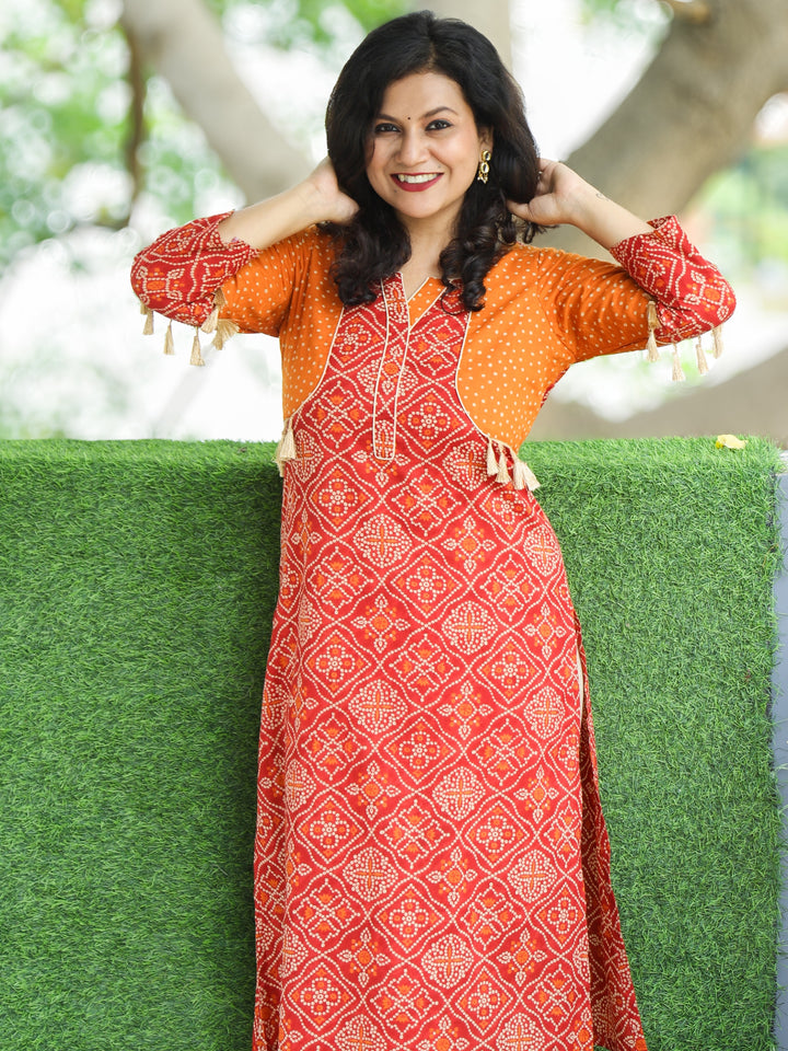 Sawantika Burnt Rust Bandhej Print Jacket Style with Tessel Cotton Kurti