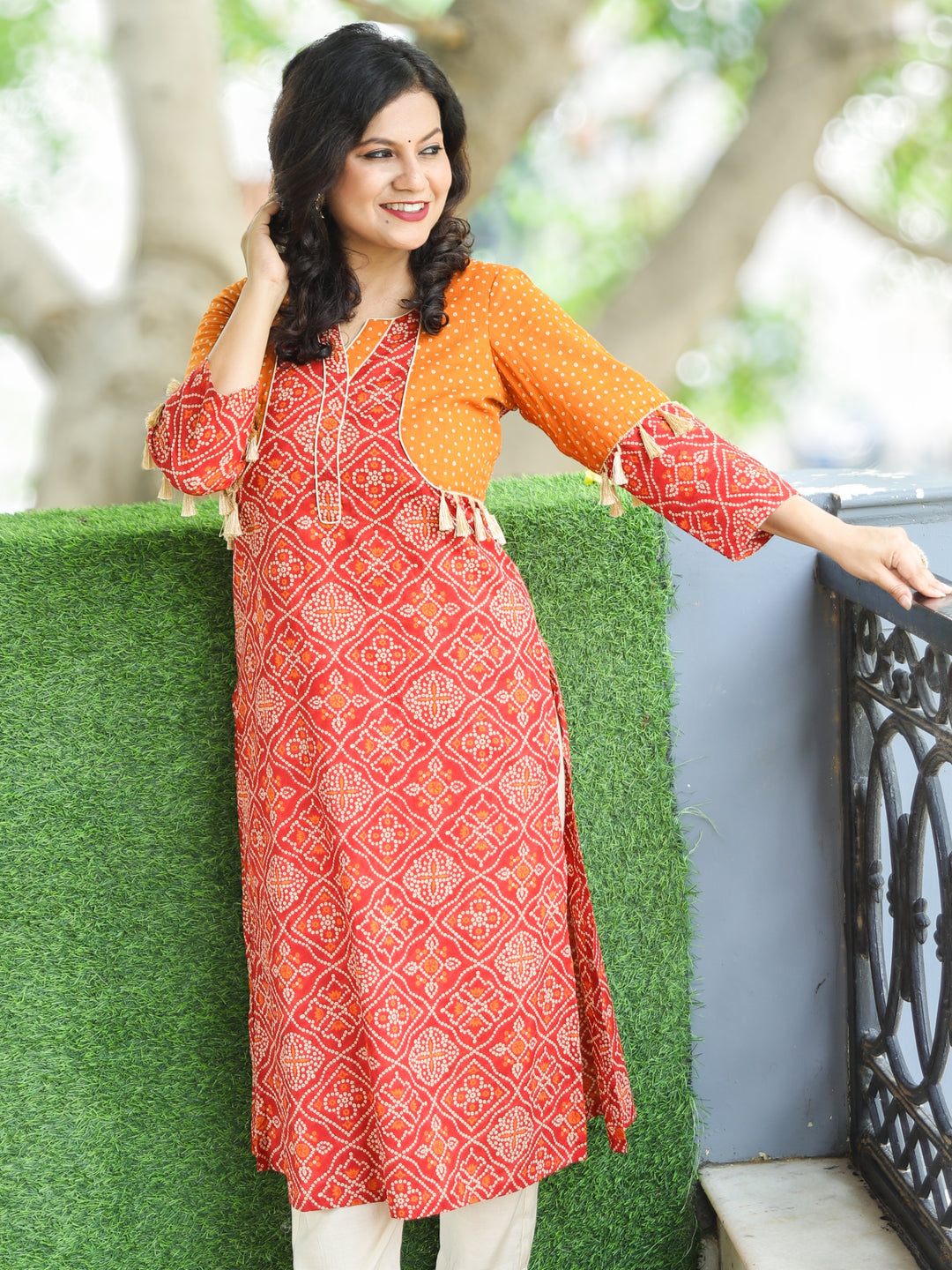 Sawantika Burnt Rust Bandhej Print Jacket Style with Tessel Cotton Kurti