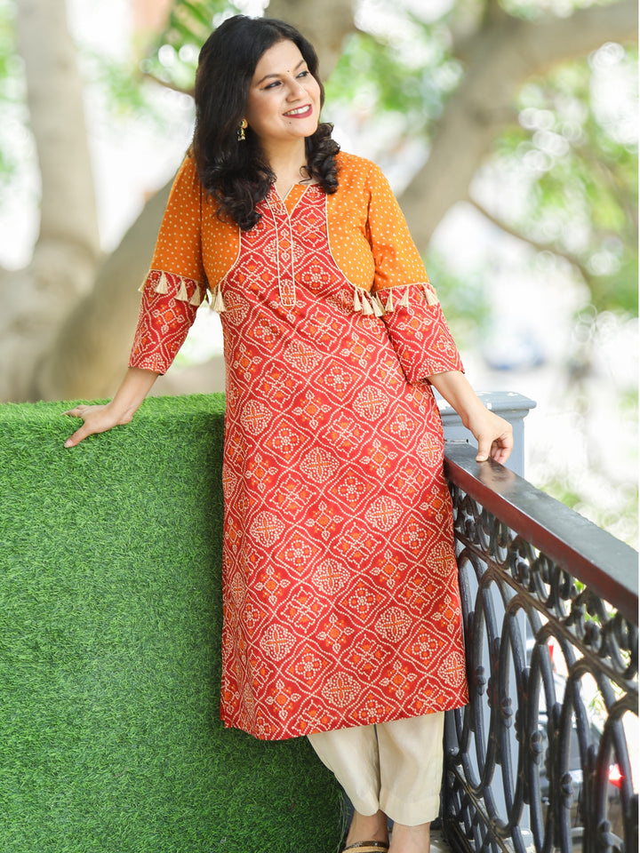 Sawantika Burnt Rust Bandhej Print Jacket Style with Tessel Cotton Kurti