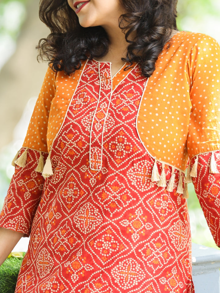 Sawantika Burnt Rust Bandhej Print Jacket Style with Tessel Cotton Kurti