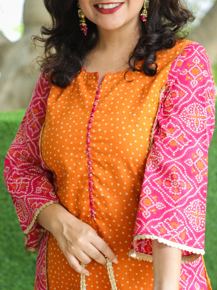 Hilori Orange Polka Dot Print with Potli Button in Rani Pink Panel Style Cotton Kurti