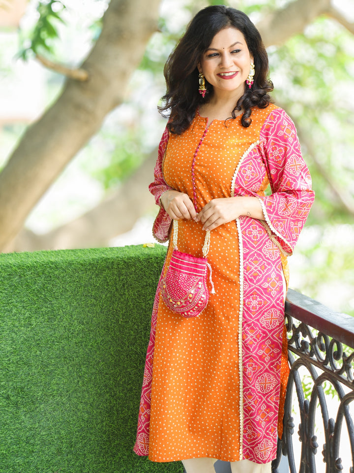 Hilori Orange Polka Dot Print with Potli Button in Rani Pink Panel Style Cotton Kurti