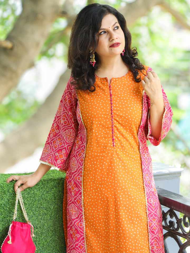 Hilori Orange Polka Dot Print with Potli Button in Rani Pink Panel Style Cotton Kurti