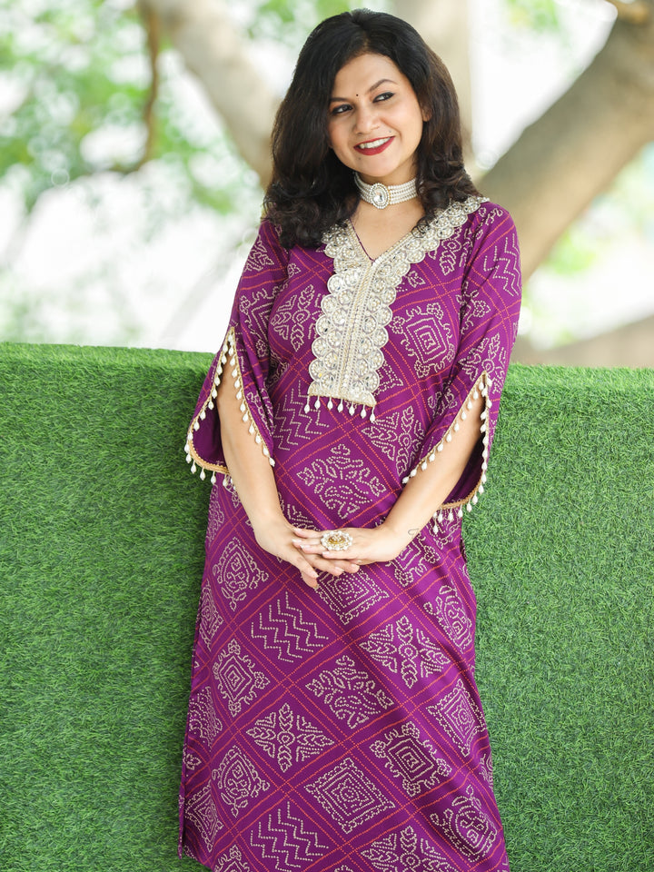 Jhankaar Orchid Purple Mirror and Moti Lace Work Bandhani Print Rayon Satin Kurti