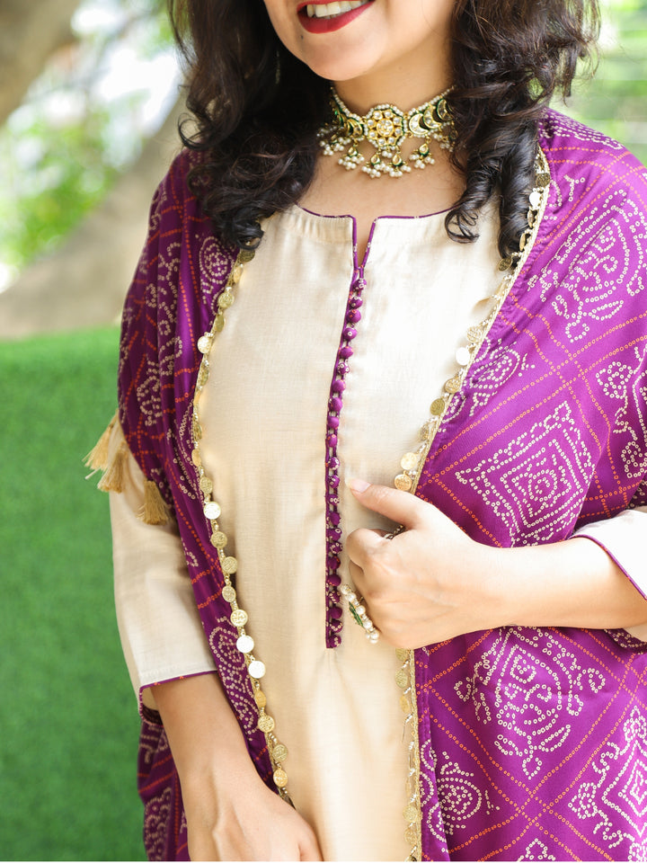 Gharana Cream Roman Silk Suit Set with Bandhani Print Purple Cape