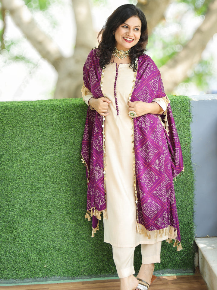 Gharana Cream Roman Silk Suit Set with Bandhani Print Purple Cape