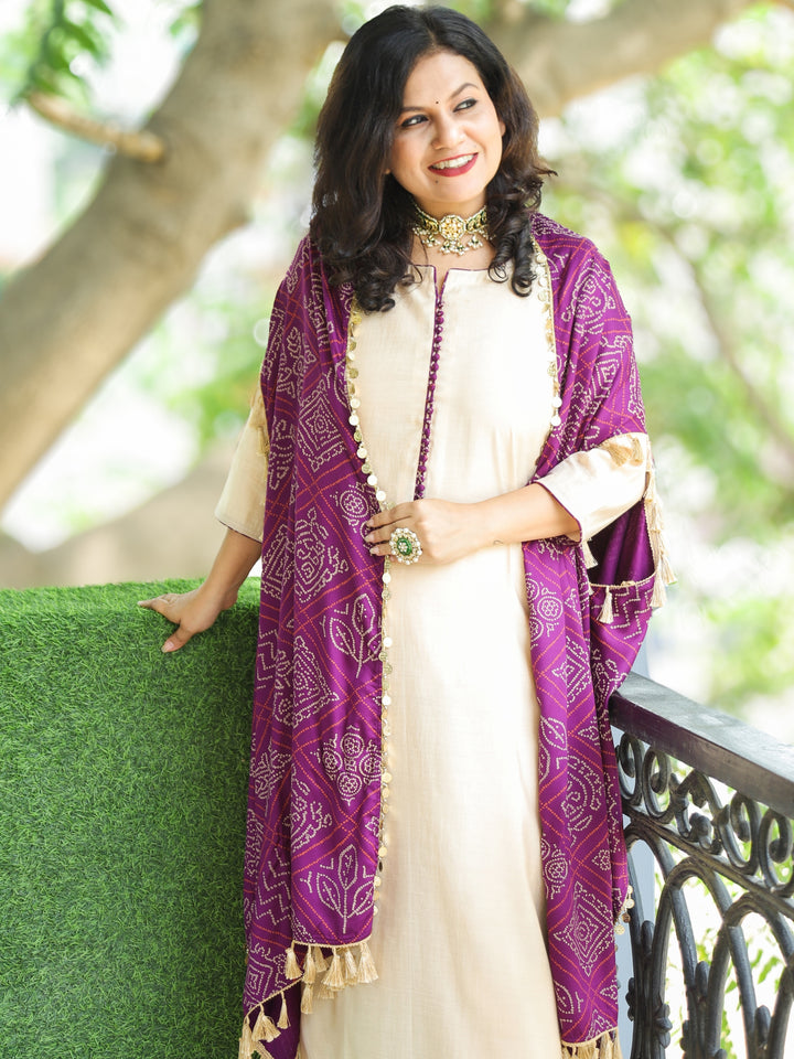 Gharana Cream Roman Silk Suit Set with Bandhani Print Purple Cape