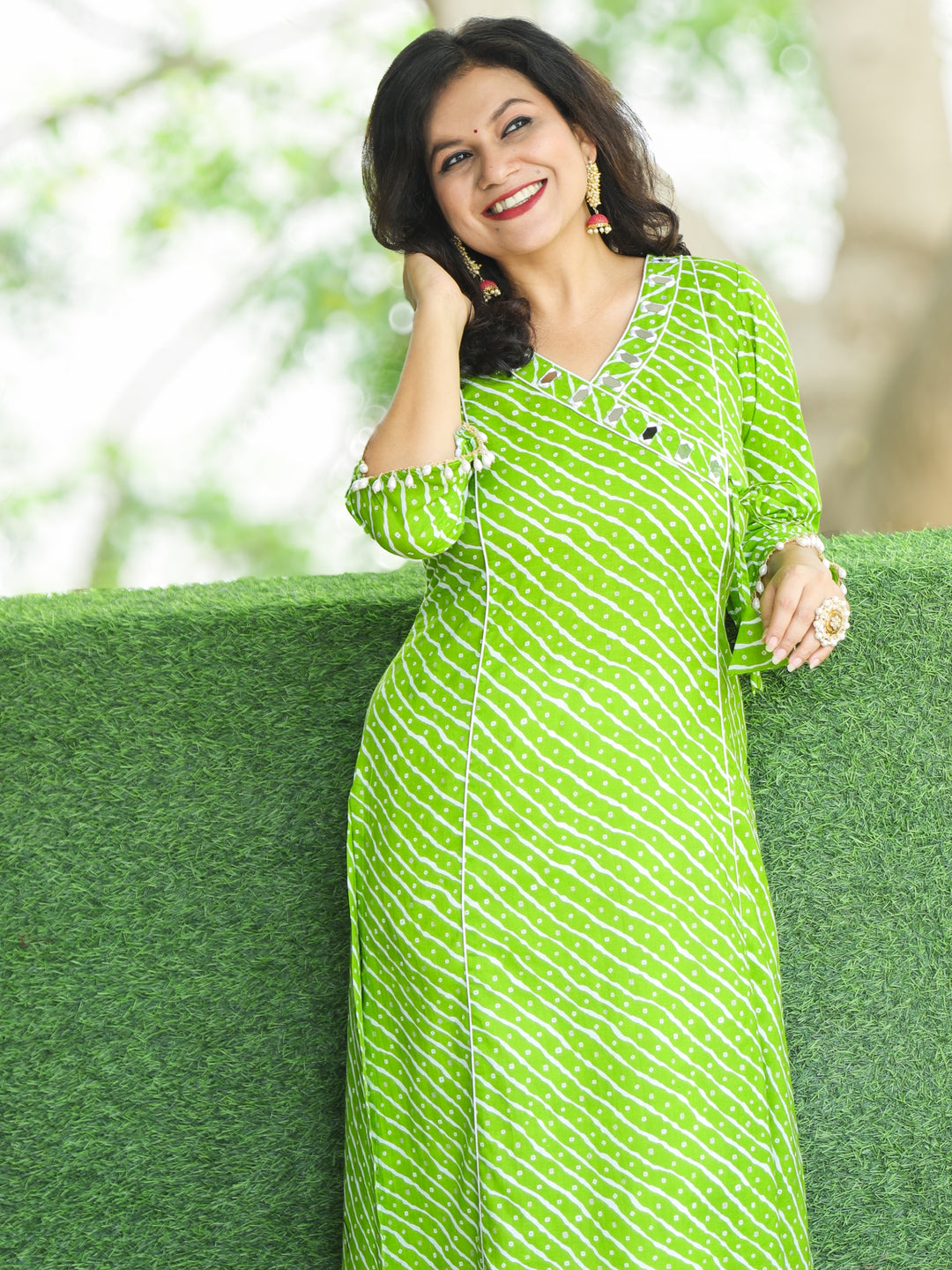 Lehar Parrot Green Angrakha Neck with Mirror in Bandhani and leheriya Print Cotton Kurti