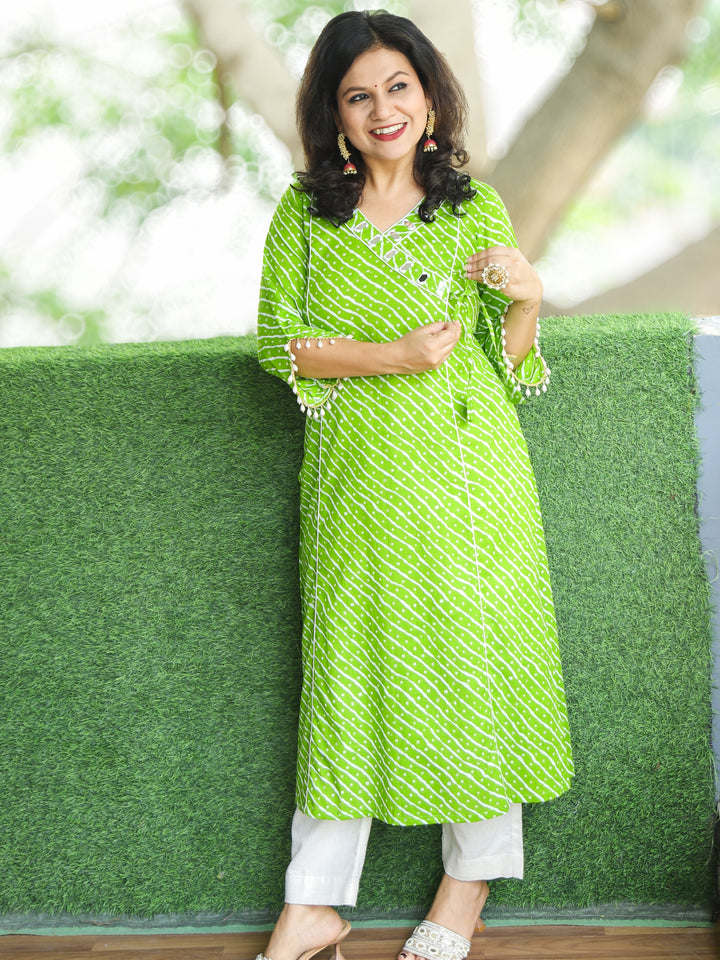 Lehar Parrot Green Angrakha Neck with Mirror in Bandhani and leheriya Print Cotton Kurti