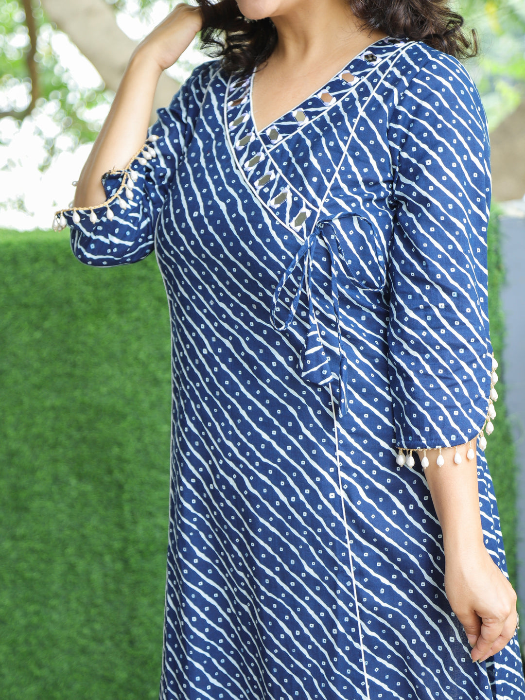 Lehar Navy Blue Angrakha Neck with Mirror in Bandhani and leheriya Print Cotton Kurti