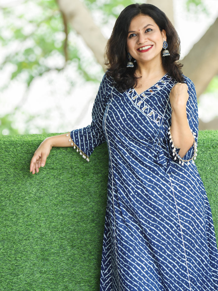 Lehar Navy Blue Angrakha Neck with Mirror in Bandhani and leheriya Print Cotton Kurti