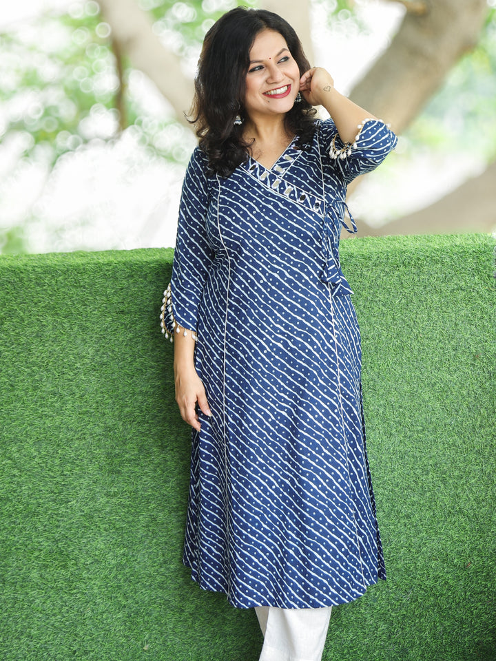 Lehar Navy Blue Angrakha Neck with Mirror in Bandhani and leheriya Print Cotton Kurti