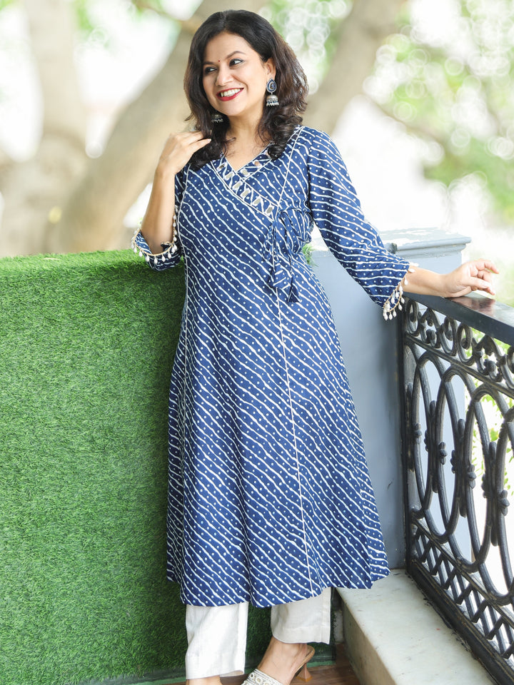 Lehar Navy Blue Angrakha Neck with Mirror in Bandhani and leheriya Print Cotton Kurti