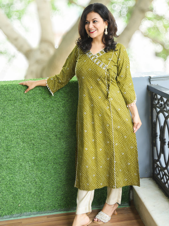 Lehar Mehendi Green Angrakha Neck with Mirror in leheriya Print Cotton Kurti