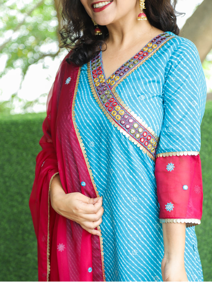 Suhani Aqua Blue Angrakha Neck with Lace in Leheriya Print Cotton 3 PIece Set
