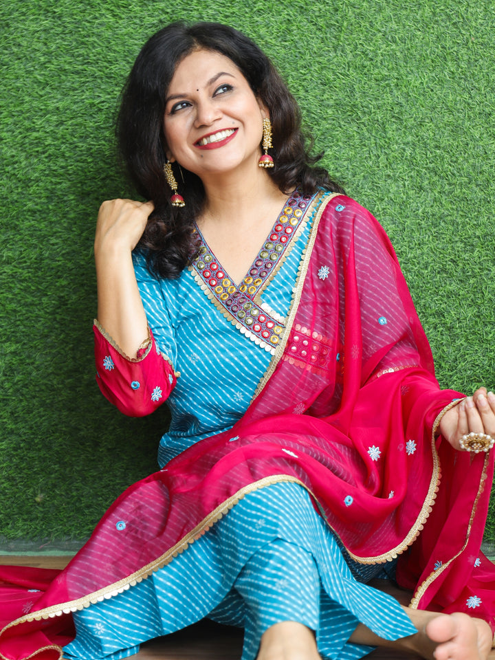 Suhani Aqua Blue Angrakha Neck with Lace in Leheriya Print Cotton 3 PIece Set