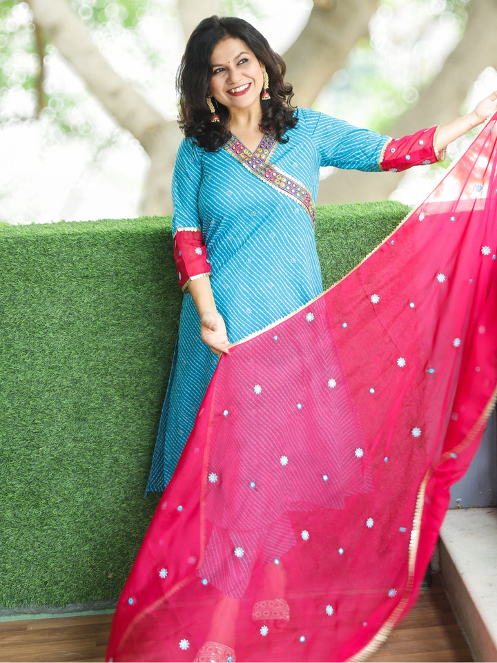 Suhani Aqua Blue Angrakha Neck with Lace in Leheriya Print Cotton 3 PIece Set