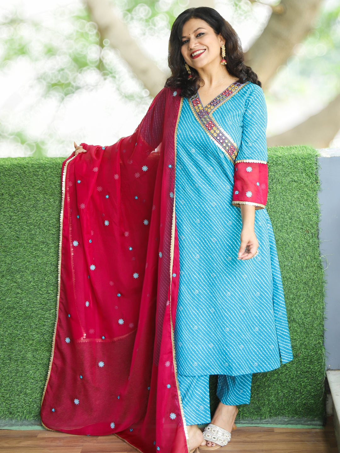 Suhani Aqua Blue Angrakha Neck with Lace in Leheriya Print Cotton 3 PIece Set
