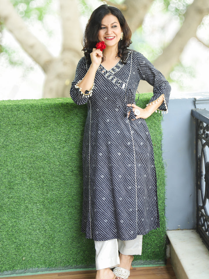 Lehar Ebony Black Angrakha Neck with Mirror in leheriya Print Cotton Kurti