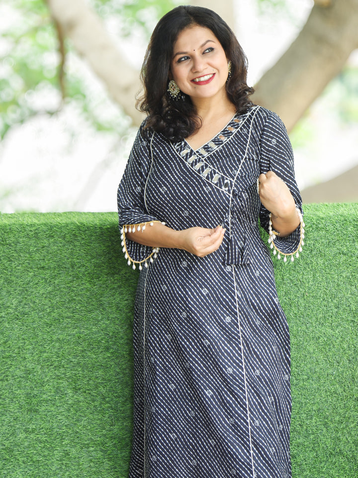 Lehar Ebony Black Angrakha Neck with Mirror in leheriya Print Cotton Kurti