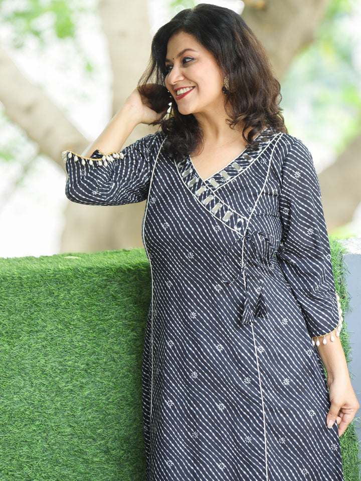 Lehar Ebony Black Angrakha Neck with Mirror in leheriya Print Cotton Kurti