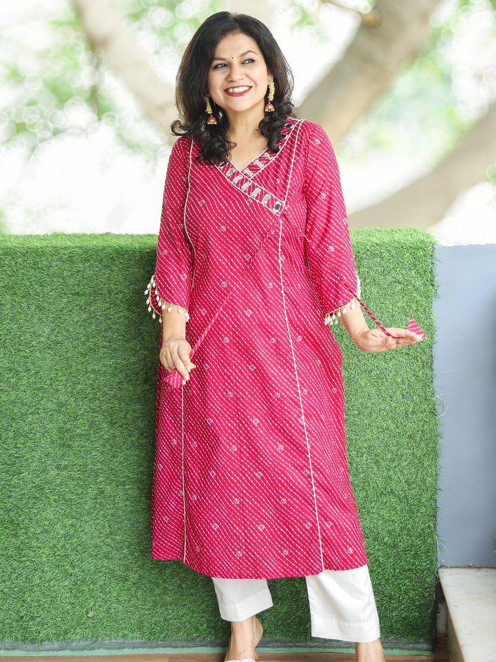 Lehar Rani PInk Angrakha Neck with Mirror in leheriya Print Cotton Kurti