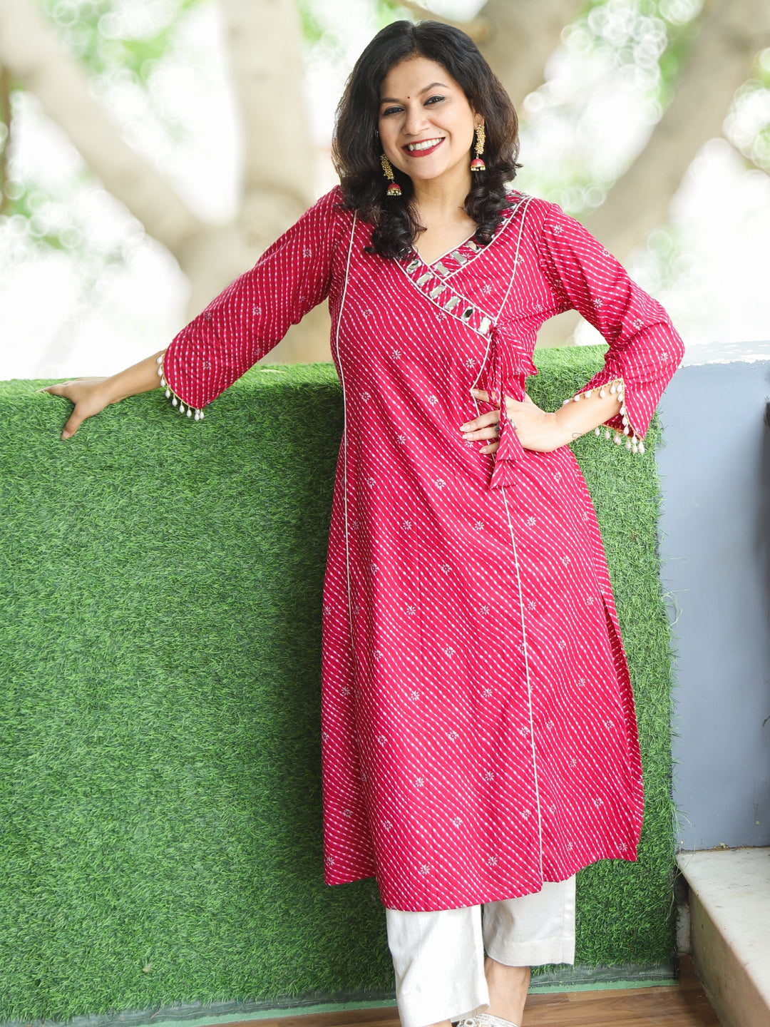 Lehar Rani PInk Angrakha Neck with Mirror in leheriya Print Cotton Kurti