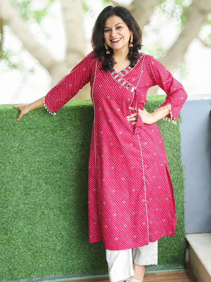 Lehar Rani PInk Angrakha Neck with Mirror in leheriya Print Cotton Kurti
