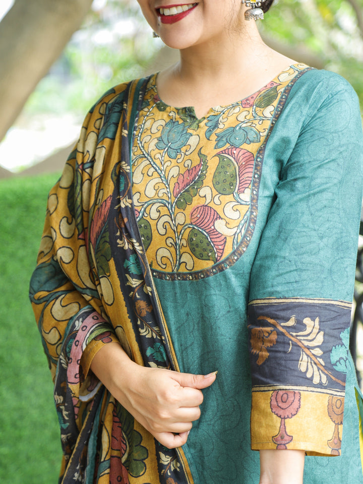 Saundrya Peacock Teal Kalamkari Print Neck Patch Self Print Cotton 3 Piece Set