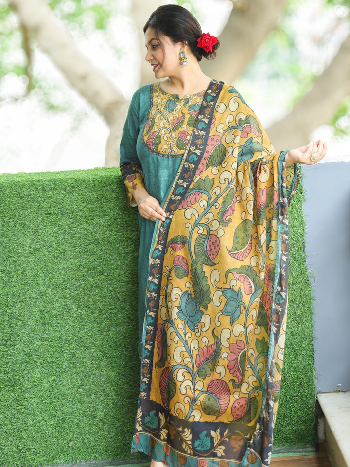 Saundrya Peacock Teal Kalamkari Print Neck Patch Self Print Cotton 3 Piece Set