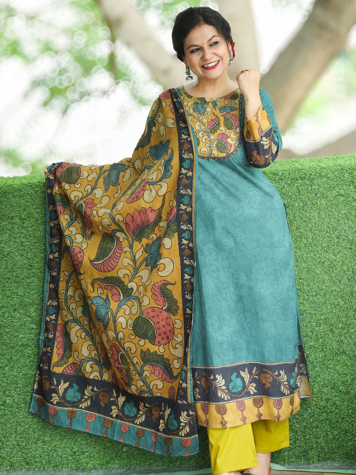 Saundrya Peacock Teal Kalamkari Print Neck Patch Self Print Cotton 3 Piece Set