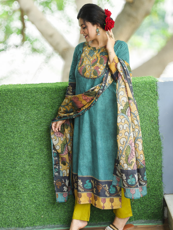 Saundrya Peacock Teal Kalamkari Print Neck Patch Self Print Cotton 3 Piece Set