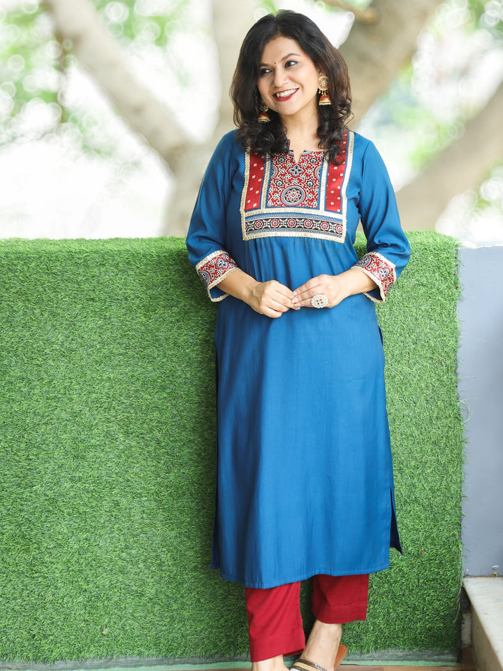 Nirvi Denim Blue Mashru Patch Work Neck with Golden Lace Roman Silk Kurti