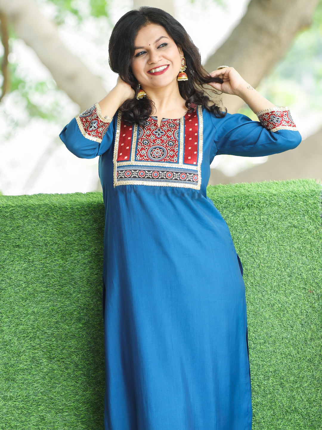 Nirvi Denim Blue Mashru Patch Work Neck with Golden Lace Roman Silk Kurti