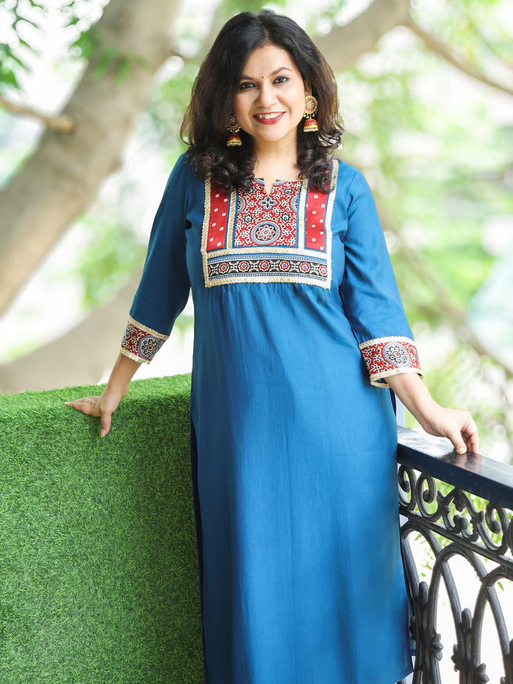 Nirvi Denim Blue Mashru Patch Work Neck with Golden Lace Roman Silk Kurti