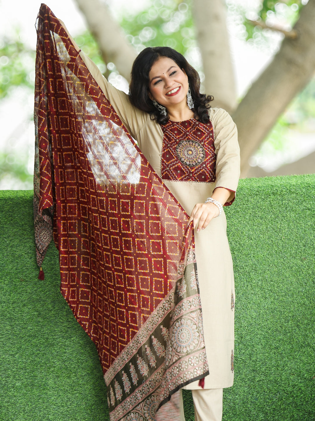 Swaroop Biscuit Beige Emriodered Patch with Bandhani Print Cotton 3 Piece Set