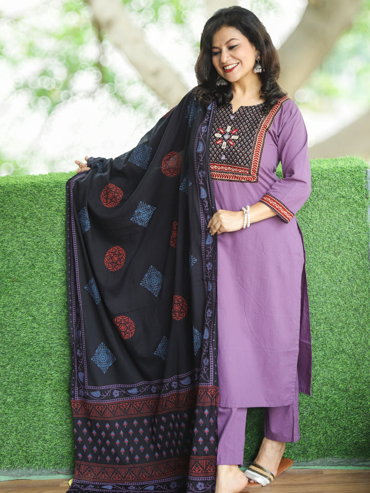 Swaroop Orchid Mauve Ajrak Printed Yoke with Mirror Detailing 3 Piece Set