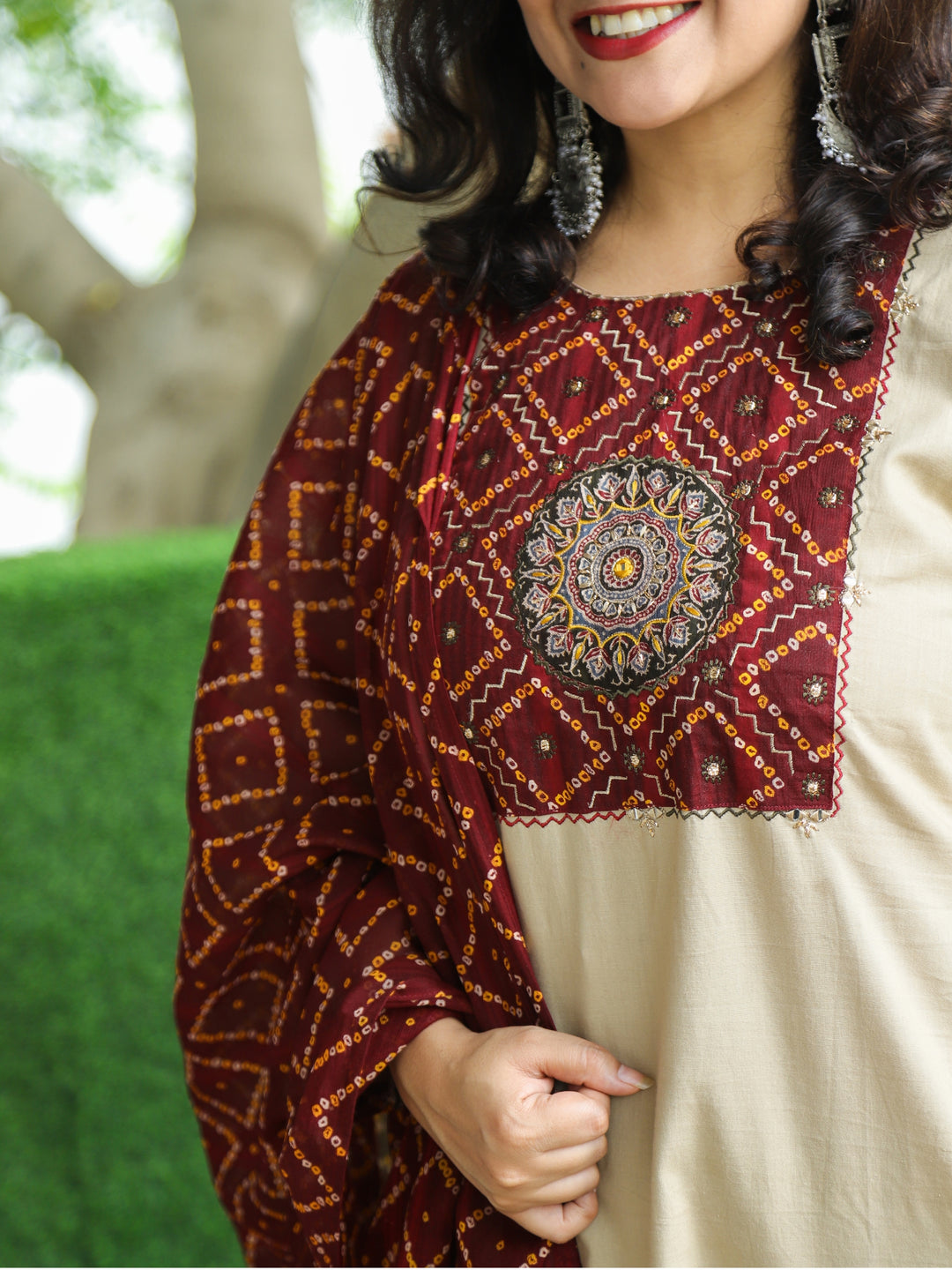 Swaroop Biscuit Beige Emriodered Patch with Bandhani Print Cotton 3 Piece Set