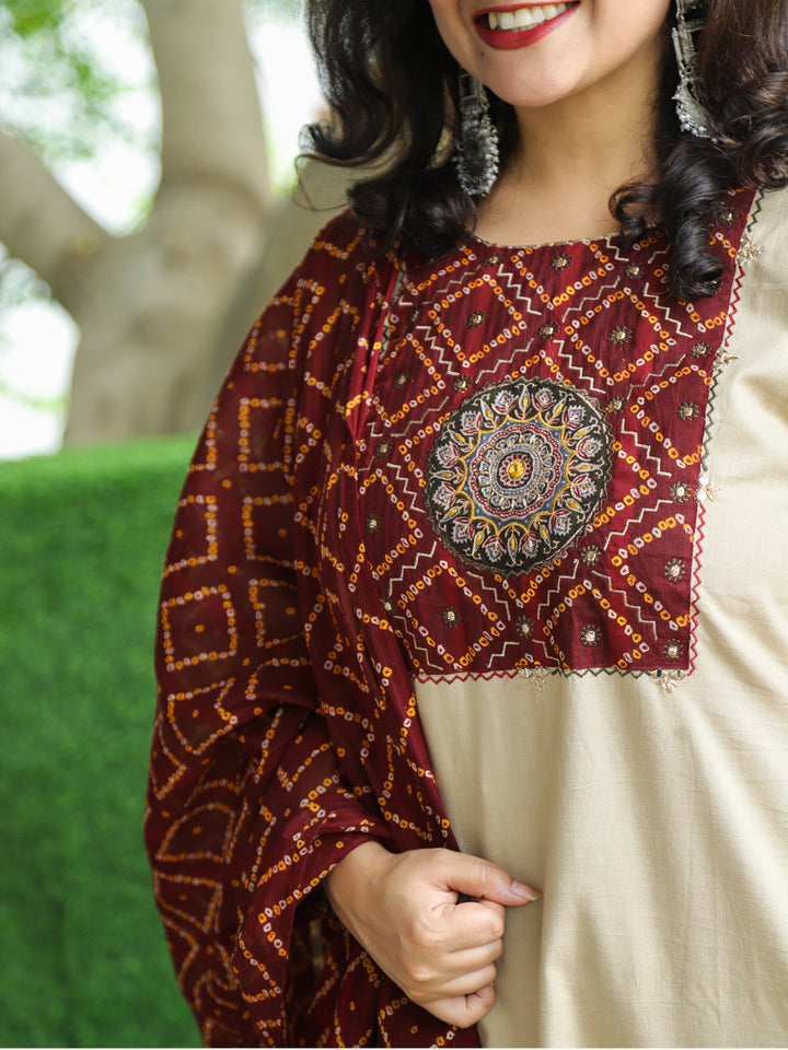 Swaroop Biscuit Beige Emriodered Patch with Bandhani Print Cotton 3 Piece Set