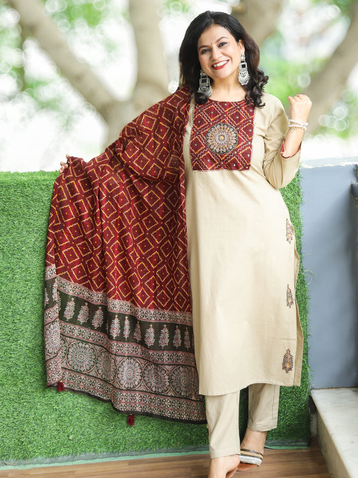 Swaroop Biscuit Beige Emriodered Patch with Bandhani Print Cotton 3 Piece Set